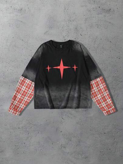 Street Life Camiseta holgada de estilo corto con parches a cuadros para hombre, para el otoño