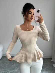 Selianne 女士纯色圆领长袖露背扭纹罗纹休闲T恤 - 杏色 - 查看 3