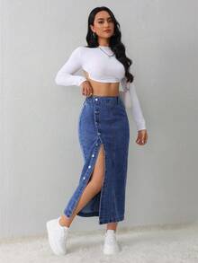 SHEIN PETITE 女士蓝色牛仔半身裙中长裙办公室装铅笔裙夏季开衩牛仔半身裙 - 深色水洗藍 - 查看 5