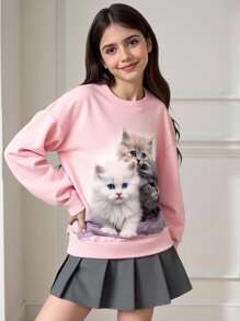 SHEIN Tween Girls' Casual Cat Graphic Long Sleeve Crew Neck Sweatshirt, Suitable For Autumn/Winter - Baby Pink - View 5