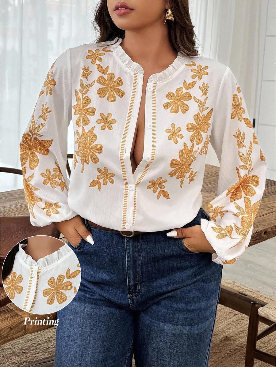 Weeklong Plus Size Casual & Work Floral Print Shirt Fall Cloth For Women - White - View 1