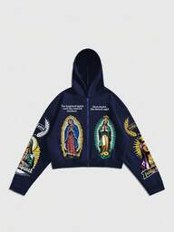 ROMWE MEN Street Life Herrhuvtröja med tryck och öppen framsida, löst beskuren modell, höst