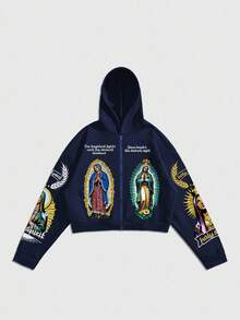 ROMWE MEN Street Life 男士印花开襟连帽衫，宽松短款，秋季 - 寶藍色 - 查看 1