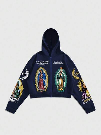 Goth Men's Printed Open Front Hoodie, Loose Cropped Style, Fall