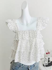 Elamini Women's Blouse With Crinkle Plaid Pattern, Black Polka Dots, Loose Fit Frill Sleeve Design