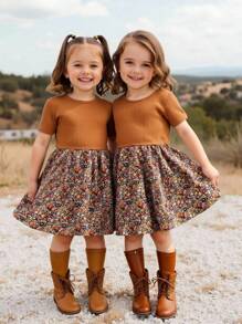 Emery Rose Kids Emery Rose Kids 年轻女孩春夏度假休闲拼布短袖连衣裙，针织纯色圆领缝线编织花裙，非常适合日常上学。