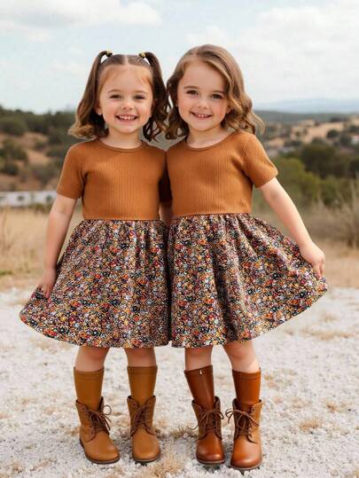 Emery Rose Kids Emery Rose Kids Vestido casual de verano para niña, con mangas cortas, diseño de patchwork. Vestido de punto liso con cuello redondo y bordado floral, ideal para la escuela y el día a día.