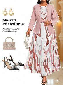 Fleurora 大码女式抽象印花两件套西装套装，优雅休闲通勤夏季套装 - 藕粉色 - 查看 1