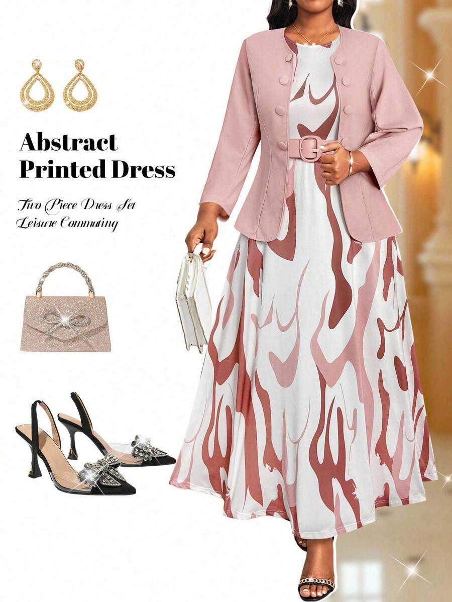 Fleurora 大码女式抽象印花两件套西装套装，优雅休闲通勤夏季套装 - 藕粉色 - 查看 1