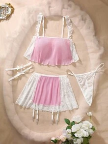 Set Lingerie Seksi Transparan Romantis dengan Motif Pita dan Patchwork Renda 3 Potong untuk Wanita, Cocok untuk Acara Keluar Rumah - Berwarna merah muda - View 6