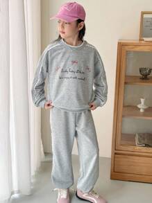 Genkimix Kids 2pcs Tween Girls Lace Trim Bow Letter Print Double Layer Collar Sweatshirt + Lace Trim Solid Color Casual Jogger Pants - Grey - View 3
