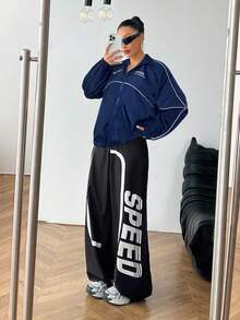 SHEIN EZwear 大码女式休闲运动风字母印花撞色滚边插肩袖拉链夹克 - 藏蓝色 - 查看 3