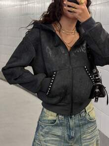 StreetHx 街头风格橙色切片和字母印花拉链连帽衫 - 黑色 - 查看 1