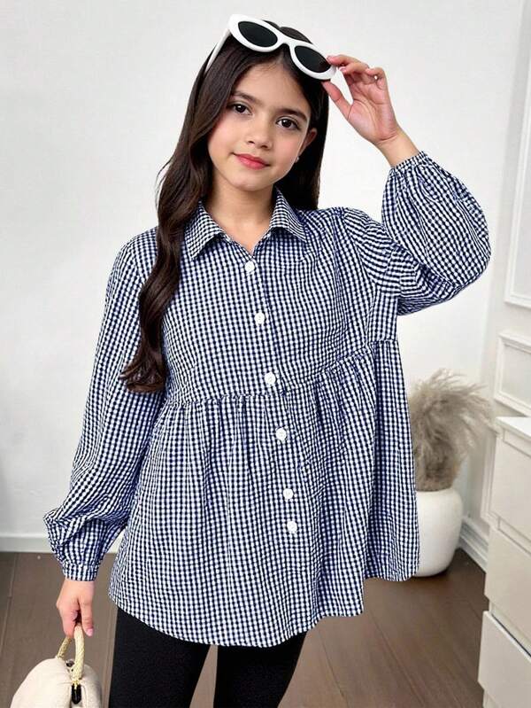 SHEIN Tween Girls Casual Turndown Collar Grid Pattern Lantern Sleeve Loose Cute Blouse Girls Gingham Shirt Loose Fitting Tween Blouse Tween Girl Button Up Shirt Tween Girl Plaid Blouse Fall Winter