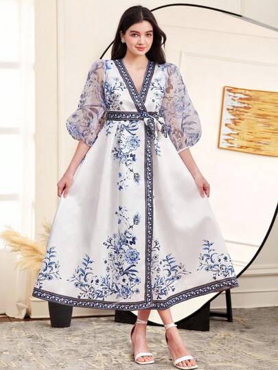 SHEIN Leap Crew 少女梭织撞色网眼花卉印花V领系腰连衣裙