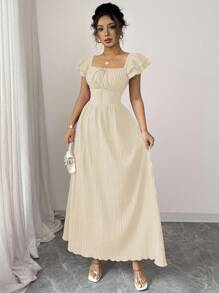 Elenzga 新款女式方领双层荷叶边袖前蝴蝶结后系带设计时尚年轻休闲腰部收紧修身优雅淑女连衣裙 - 杏色 - 查看 4