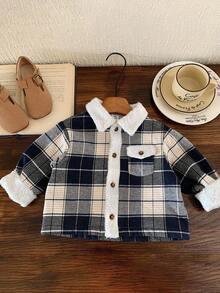 SHEIN Baby Boy/Girl Retro British Style Blue & White Plaid Fleece Patchwork Jacket, Fashion Casual Autumn/Winter Fall - Blue and White - View 5