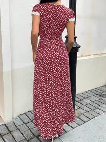 Sunnyshic Váy maxi chữ A cổ chữ V ren hoa vá màu xanh lam, thanh lịch và dễ thương cho kỳ nghỉ, bãi biển, hàng ngày, tiệc tùng, đi chơi, trà chiều, đa năng cho phụ nữ vào mùa hè - Đỏ - Xem 2