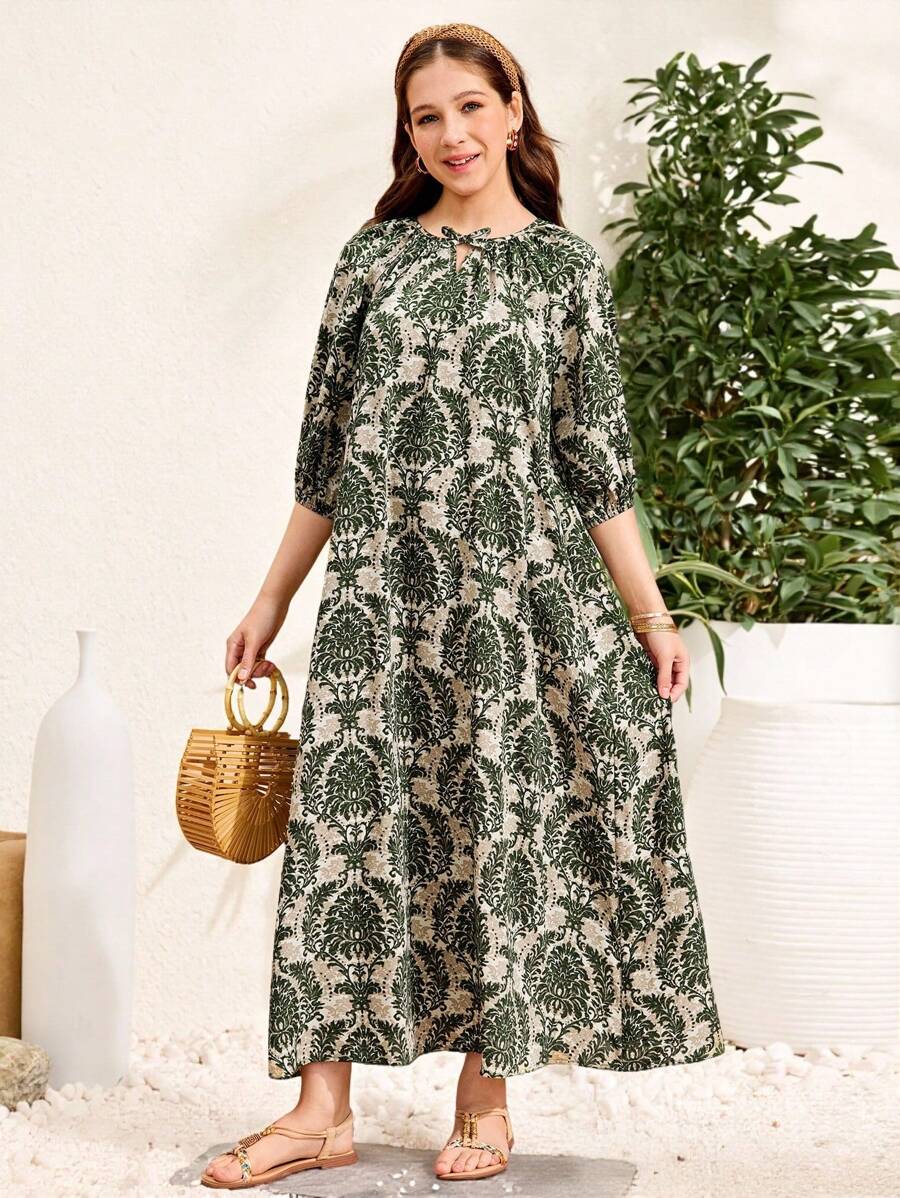 SHEIN 宽松可爱休闲校园日常圆领蝴蝶结复古印花中长连衣裙，适合少女度假春夏季 - 綠色 - 查看 1