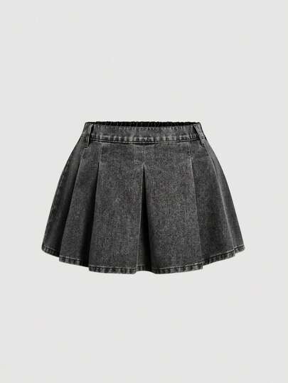 SHEIN MOD Plus Size Denim A-Line Pleated Mini Skirt, Blue