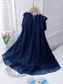 Elegant Fashion Ruffle Trim Pearl Decor Mesh Girls Dress - Navy Blue - View 2