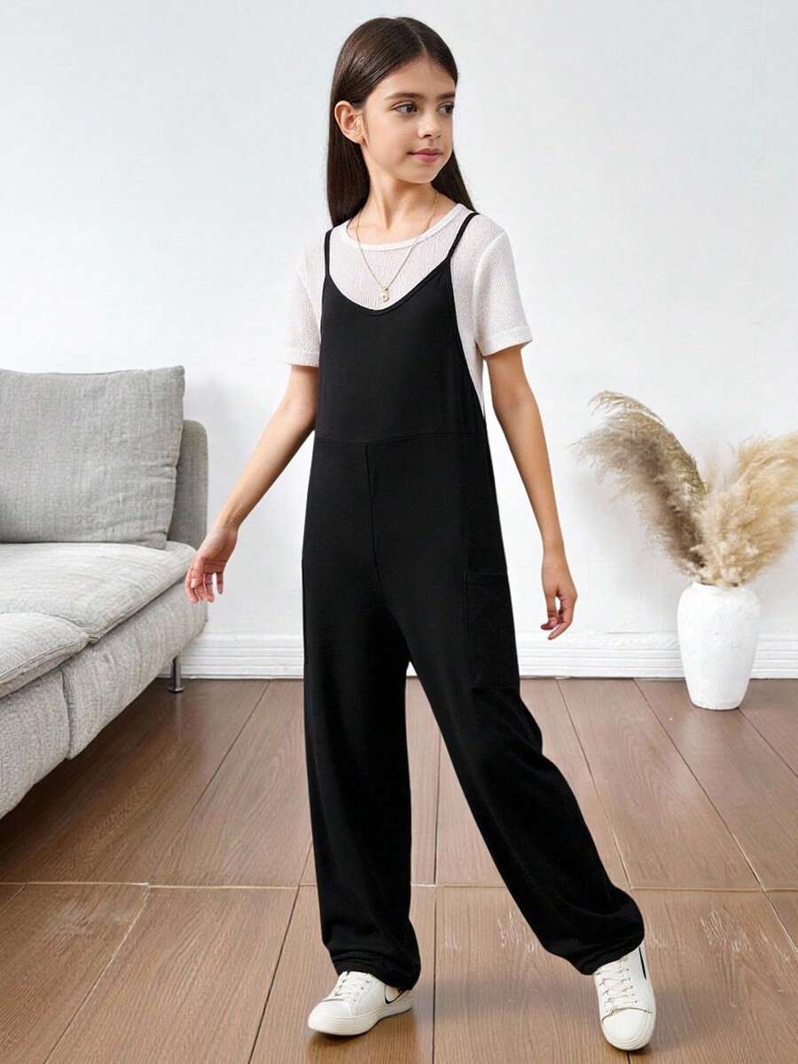SHEIN 少女休閒針織純色V領肩帶連身褲,適用於春夏季 - 黑色 - 查看 1