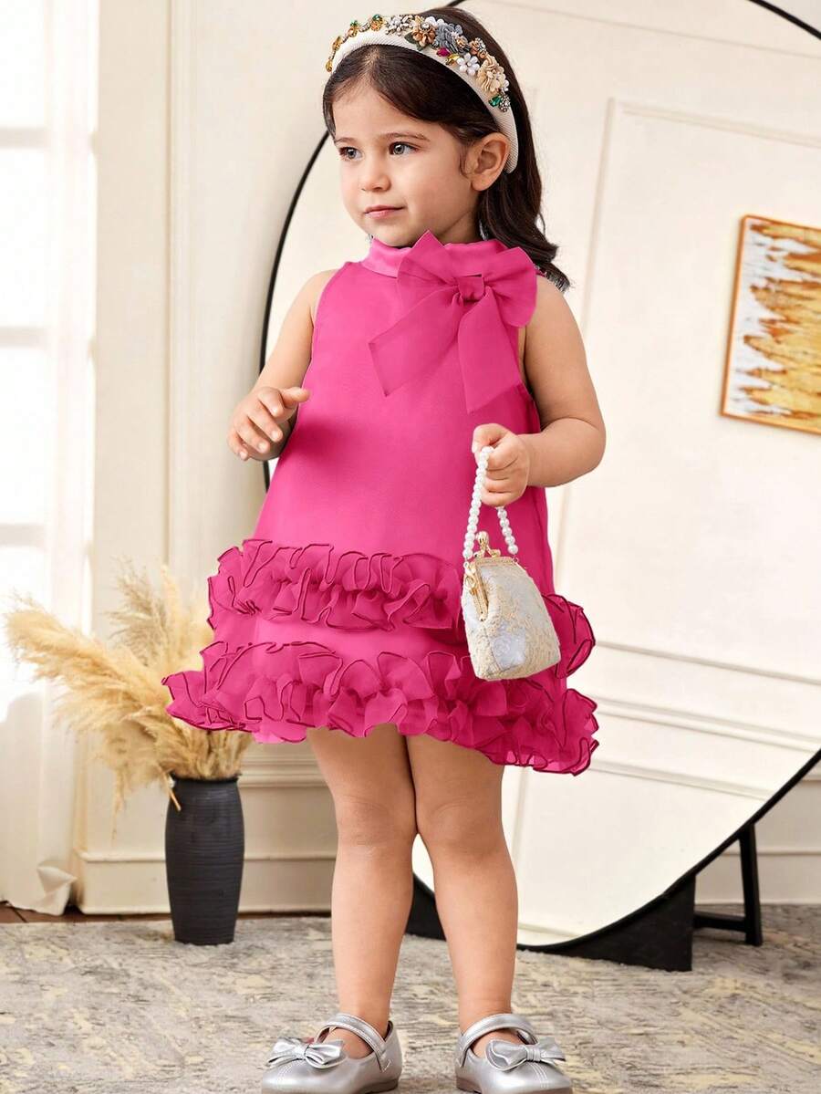 SHEIN Robe élégante à col, nœud papillon et volants pour bébé fille - Rose vif - Voir 1