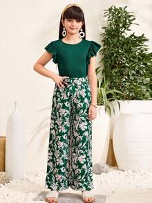 SHEIN Conjunto de top de manga corta de cuello redondo y pantalones de pierna ancha con estampado floral pequeño para niñas preadolescentes en vacaciones - Verde - Ver 1