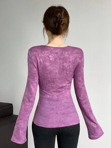 Celisse Fashionable Women's V-Neck Lace Long Sleeve Bestselling Whitening Slimming All-Season Figure-Flattering Sexy & Elegant Women's Knit Sweater Fall Cloth For Women - Purple - View 2
