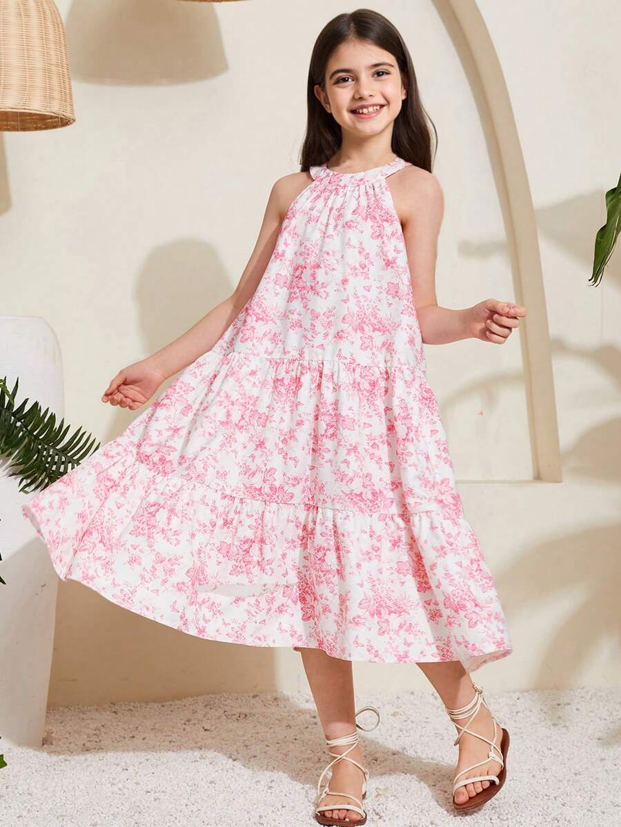 SHEIN Tween Girl's Woven Floral Printed Sleeveless Loose Casual Vacation Dress - Baby Pink - View 1