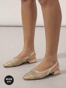 SHUZIA Ladies Wide-Fit Comfy Crochet Slingback Pumps For Christmas - Gold - View 2