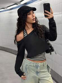 StreetHx 2025秋冬二合一性感露肩图案卫衣 - 黑與白 - 查看 7