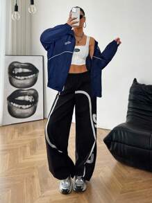SHEIN EZwear 大码女式休闲运动风字母印花撞色滚边插肩袖拉链夹克 - 藏蓝色 - 查看 4