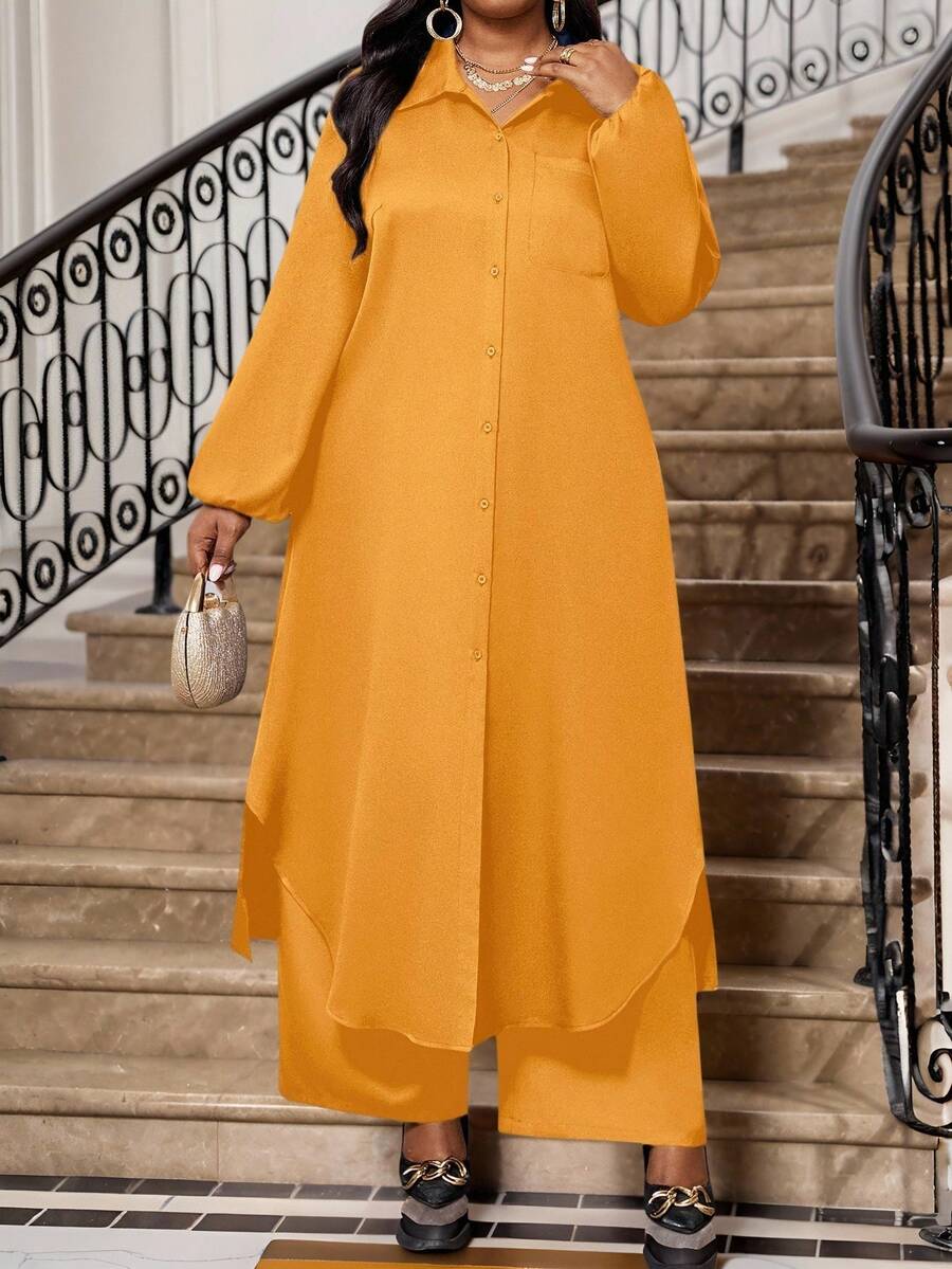 SHEIN Lady 秋冬休闲优雅工作海军蓝梭织衬衫领主教袖口袋长袖加大码套装 - 芥末黃 - 查看 1