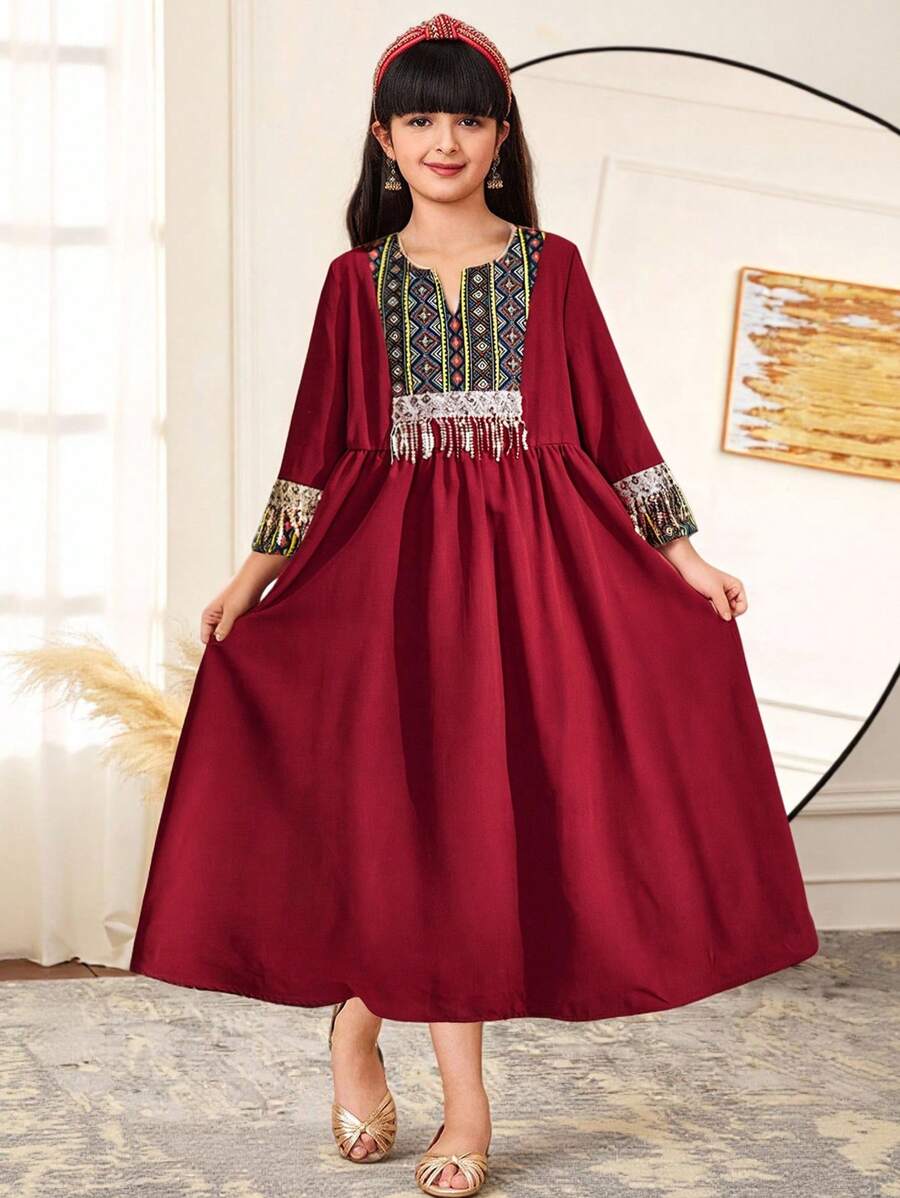 SHEIN Tween Girls' Loose Casual Sequins Tassel Print Colorblock Dress - Burgundy - View 1