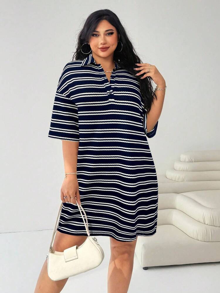 SHEIN EZwear Plus Size Women Casual Loose Polo Collar Striped Midi Dress - Navy Blue - View 4