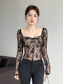 SHEIN LUNE Women's French Minimalist Chic Black Hollow Out Fitted Outerwear Top, Layering Piece For Early Autumn Fall Cloth For Women - Multicolor - View 4