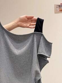 SHEIN Women's 2 In 1 Oblique Shoulder Short Sleeve T-Shirt Top, Summer