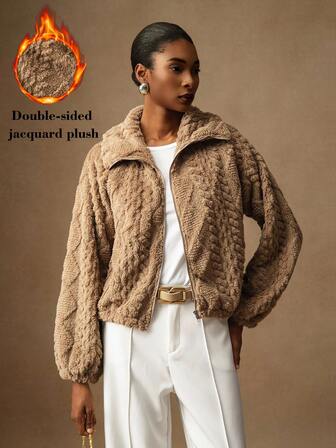 Vesra Women's Jacquard Fleece Lapel Zip-Up Casual Jacket Fall Winter Cloth For Women