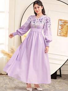 SHEIN 少女編織花卉印花v領收縮泡袖連衣裙 - 淡紫色 - 查看 1