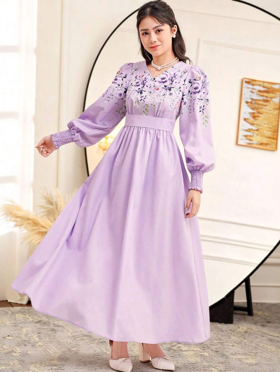 SHEIN 少女編織花卉印花v領收縮泡袖連衣裙 - 淡紫色 - 查看 1