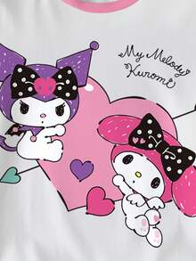 HELLO KITTY AND FRIENDS | SHEIN 青少年女孩卡通图案拼色圆领短袖T恤 - 白色 - 查看 3