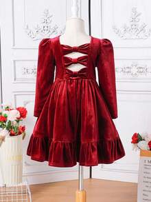 SHEIN Young Girl Cute Back 3D Bowknot Decoration Dress, Casual Simple Elegant  Dress, Suitable For Autumn And Winter,For Christmas,Party Wear,Birthday Dress - Burgundy - View 7