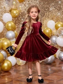 SHEIN Young Girl Cute Back 3D Bowknot Decoration Dress, Casual Simple Elegant  Dress, Suitable For Autumn And Winter,For Christmas,Party Wear,Birthday Dress - Burgundy - View 2