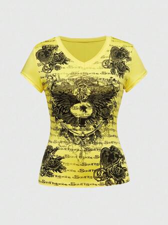 J-Fashion Camiseta ajustada con estampado de corazón y alas, estilo vintage grunge Y2K