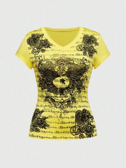 J-Fashion maglietta aderente vintage con motivo a cuore e ali, stile Y2K grunge