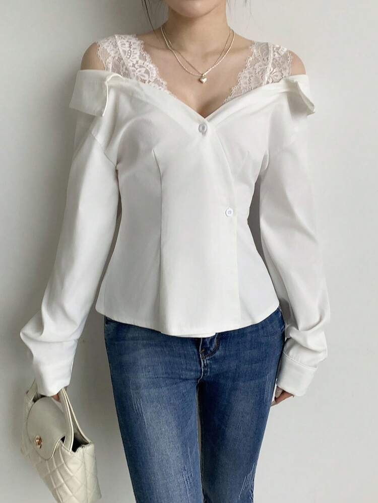 SHEIN LUNE 女式纯色长袖蕾丝拼布衬衫 - 白色 - 查看 1