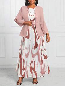 Fleurora 大码女式抽象印花两件套西装套装，优雅休闲通勤夏季套装 - 藕粉色 - 查看 5