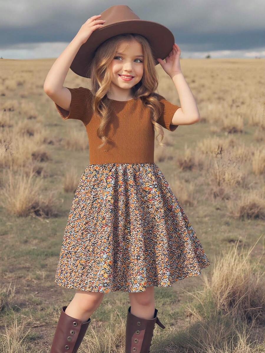 Emery Rose Kids Emery Rose Kids 年轻女孩春夏度假休闲拼布短袖连衣裙，针织纯色圆领缝线编织花裙，非常适合日常上学。