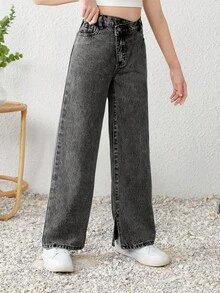 SHEIN Tween Girls Y2K 春夏波西米亚风石洗休闲开叉下摆不对称腰部宽松阔腿牛仔裤，女童夏装套装 - 黑色 - 查看 6